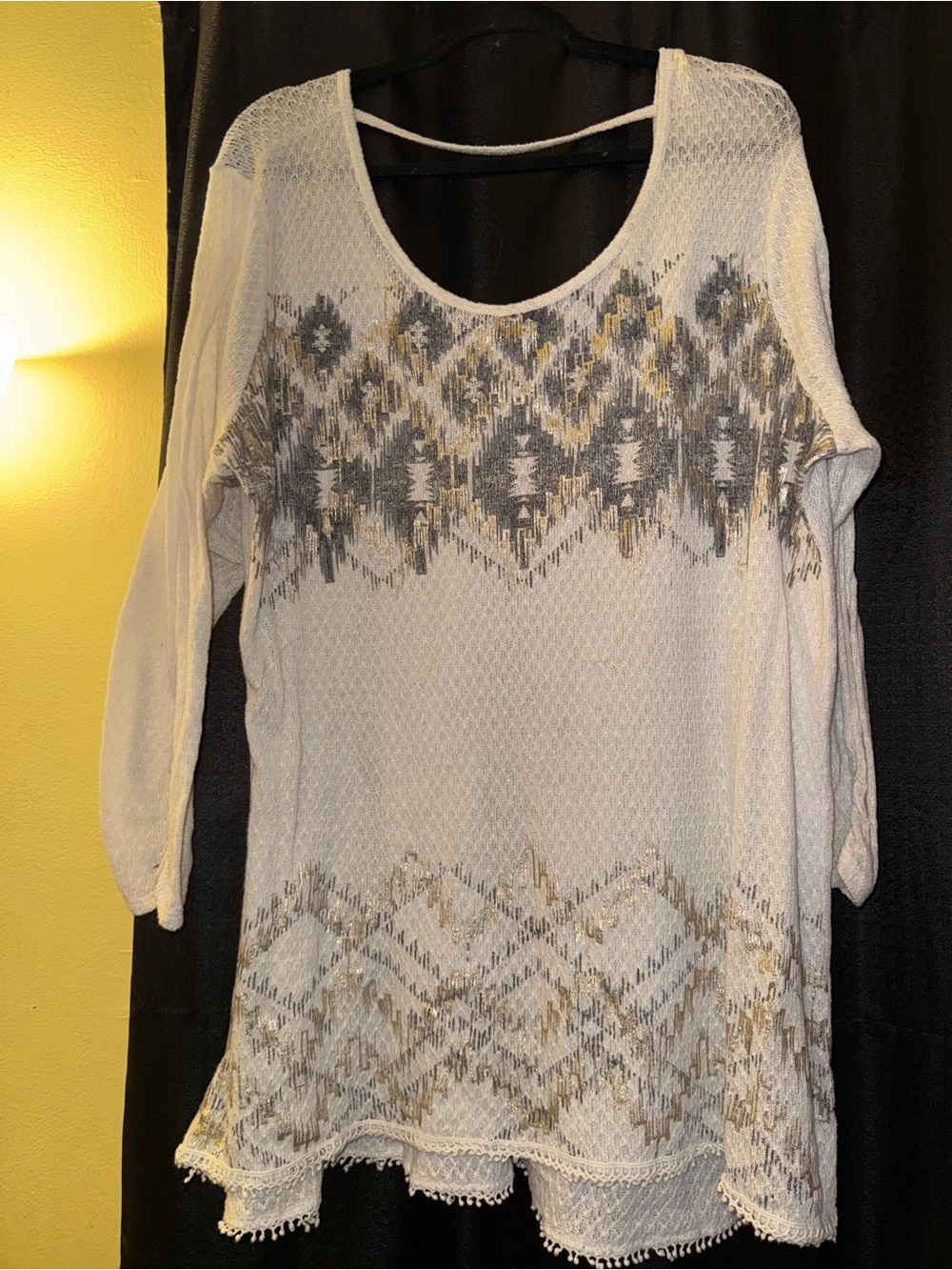 Maurice’s Lightweight Ivory Knit Tunic with Gray and Gold Aztec Print